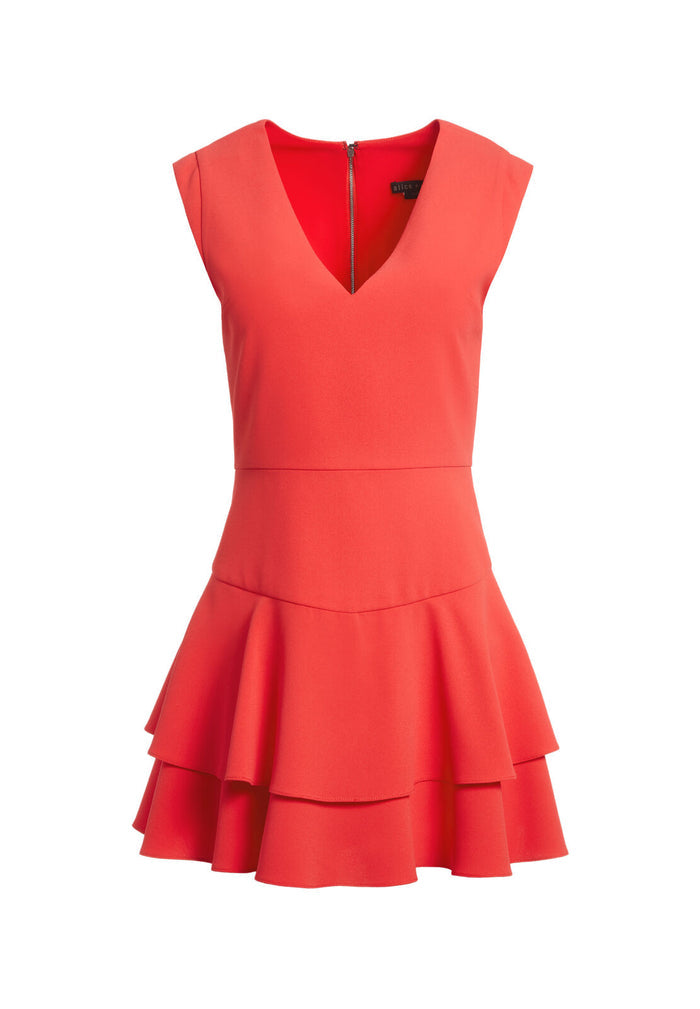 PALMIRA V NECK RUFFLE DRESS - BRIGHT POPPY
