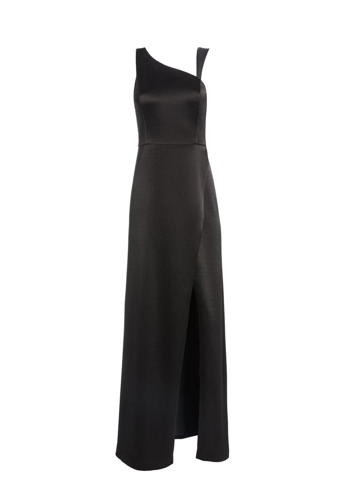 PAMELA LEATHER COMBO SLIT GOWN - BLACK