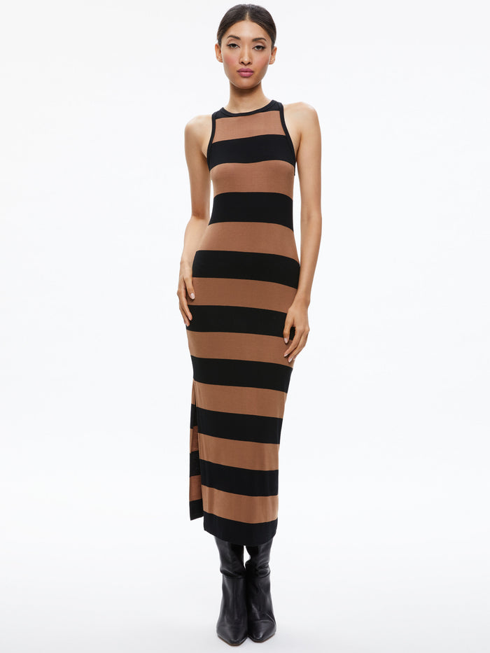 PANIA RACERBACK SIDE SLIT MAXI DRESS - CAMEL/BLACK STRIPE