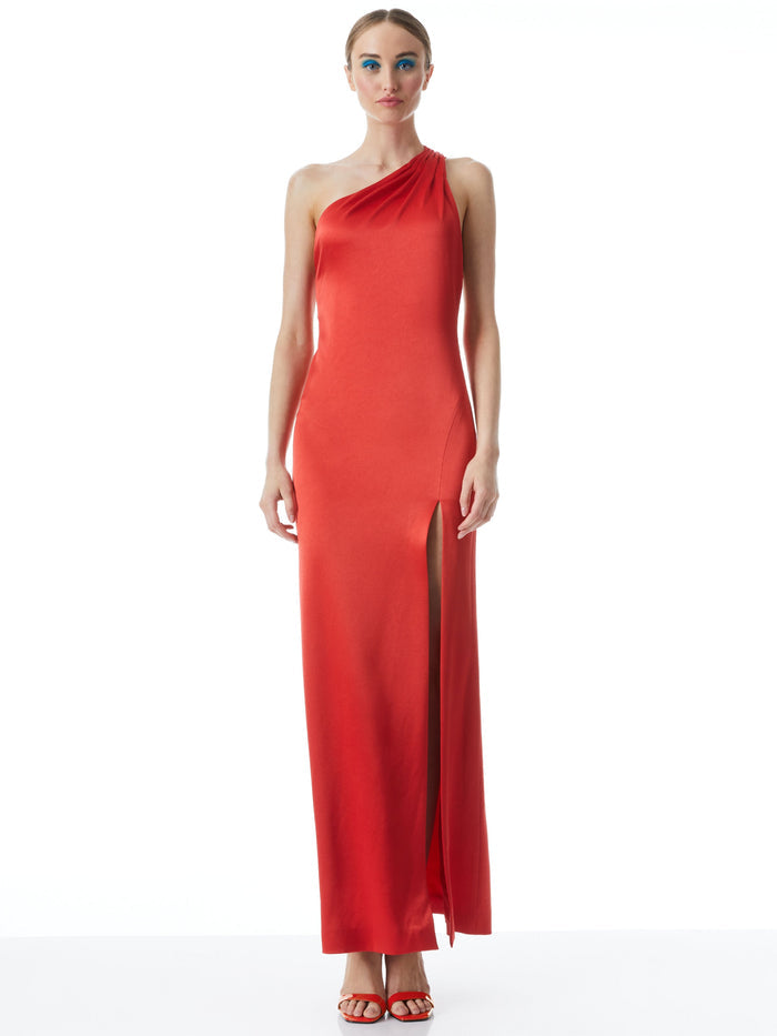 PAULETTE ONE SHOULDER FITTED GOWN - BRIGHT POPPY