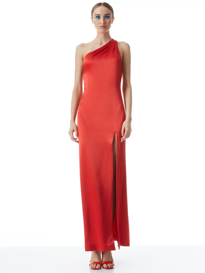 PAULETTE ONE SHOULDER FITTED GOWN - BRIGHT POPPY