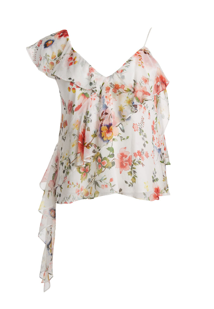 PAULINA ASYMM RUFFLE TANK - FLORAL SOIREE-OFF WHITE