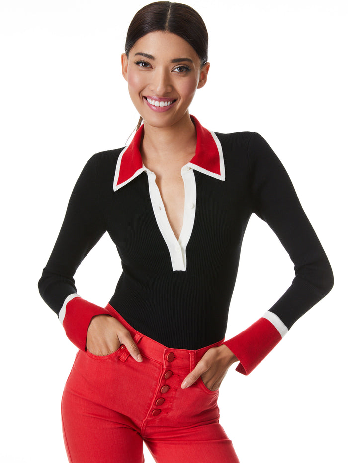 PIA RIBBED KNIT POLO SWEATER - BLK MULTI