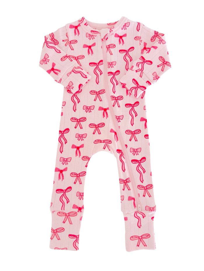 Pink Bows / Organic Pointelle 2-Way Zip Romper