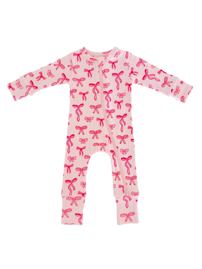 Pink Bows / Organic Pointelle 2-Way Zip Romper
