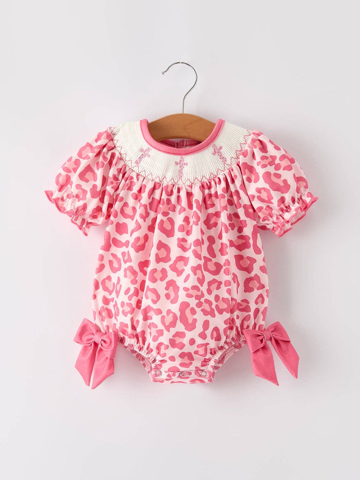 Pink Smocked Church Christ Bishop Christening Leopard Baby Girl Romper