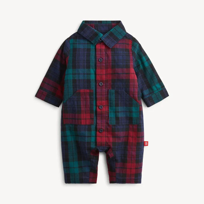 Plaid Flannel Boys Magnetic Romper- Red Multi