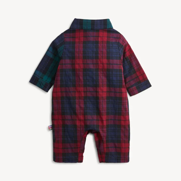 Plaid Flannel Boys Magnetic Romper- Red Multi