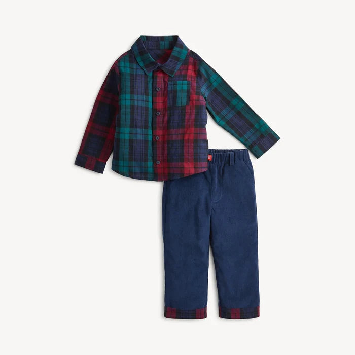 Plaid Flannel Magnetic Button Down & Pants Set- Red Multi