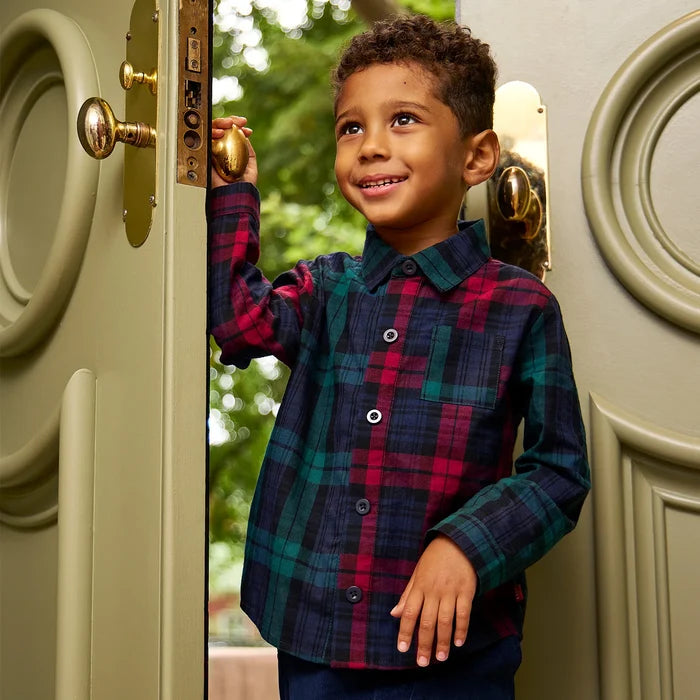 Plaid Flannel Magnetic Button Down & Pants Set- Red Multi
