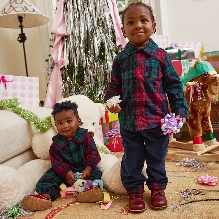Plaid Flannel Magnetic Button Down & Pants Set- Red Multi