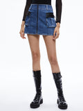 RAHMI VEGAN LEATHER CARGO DENIM MINI SKIRT - BROOKLYN BLUE