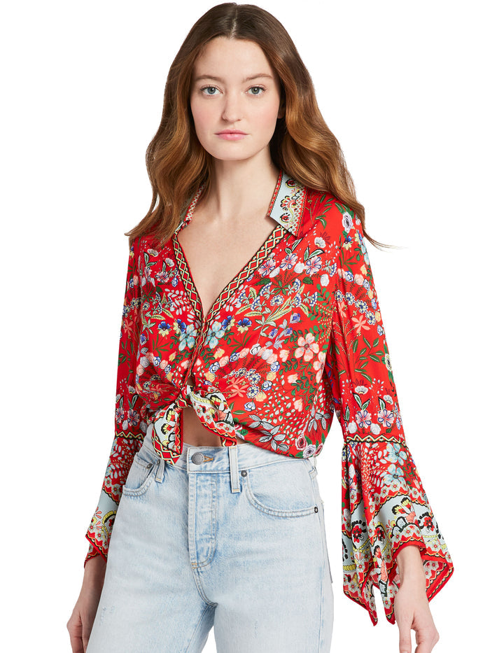 RANDA TRUMPET SLEEVE BUTTON DOWN - WILDFLOWER BRIGHT POPPY MULTI