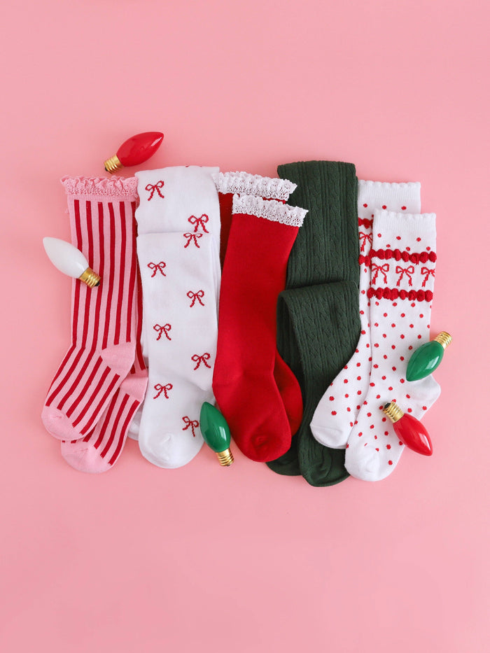 Red Bow Scalloped Knee Socks