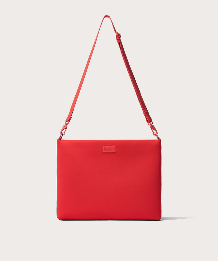 16 inch laptop shoulder bag in a fiery, saturated red leaning toward orange seen from the front view.