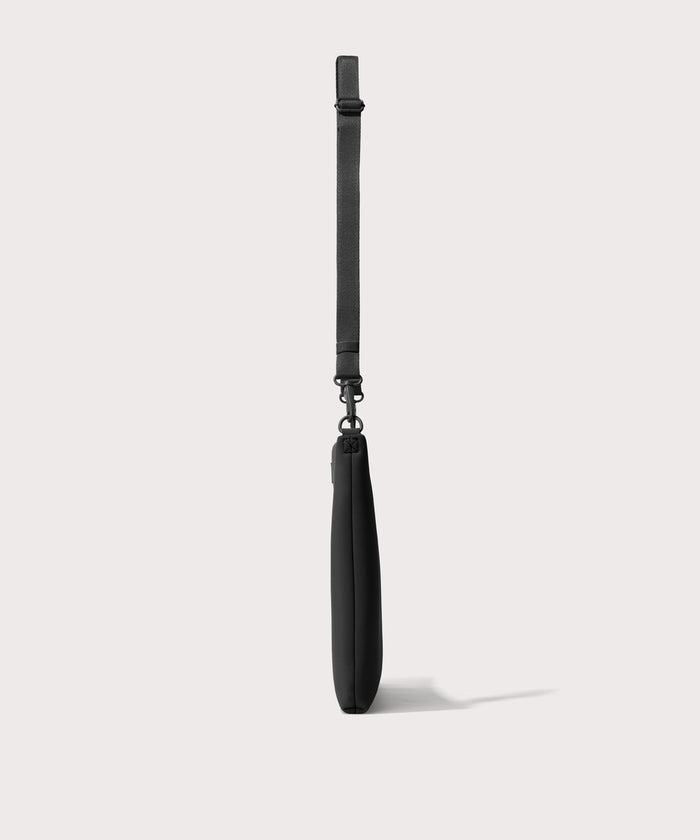 16 inch laptop shoulder bag in a black seen from the side view.