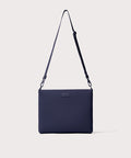 14 inch laptop shoulder bag in  navy blue seen from the front view.