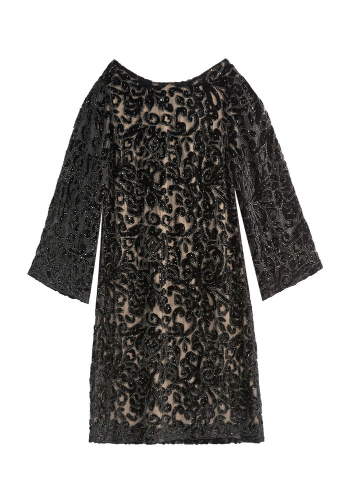 RISKA EMB BTNCK FULL SLV DRESS - BLACK