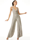 RISKA EMBELLISHED COWL NECK CHAIN STRAP JUMPSUIT - DOVE GREY
