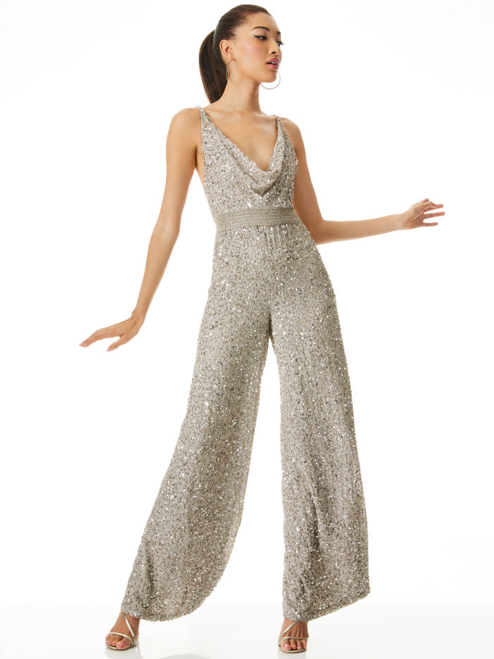 RISKA EMBELLISHED COWL NECK CHAIN STRAP JUMPSUIT - DOVE GREY