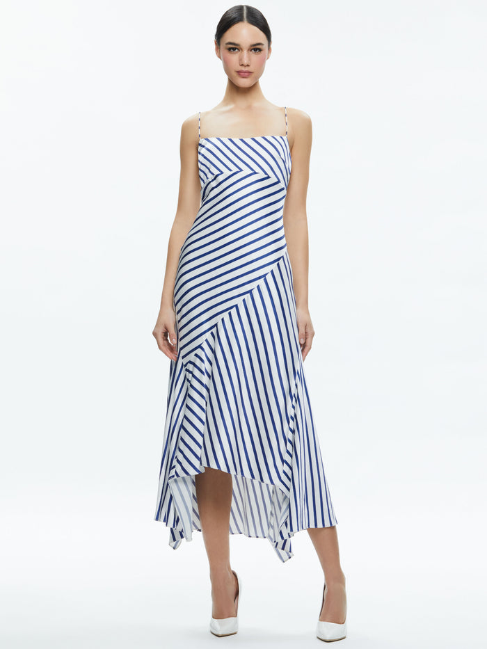 ROSA ASYMMETRICAL SLIP DRESS - ADMIRAL STRIPE INDIGO