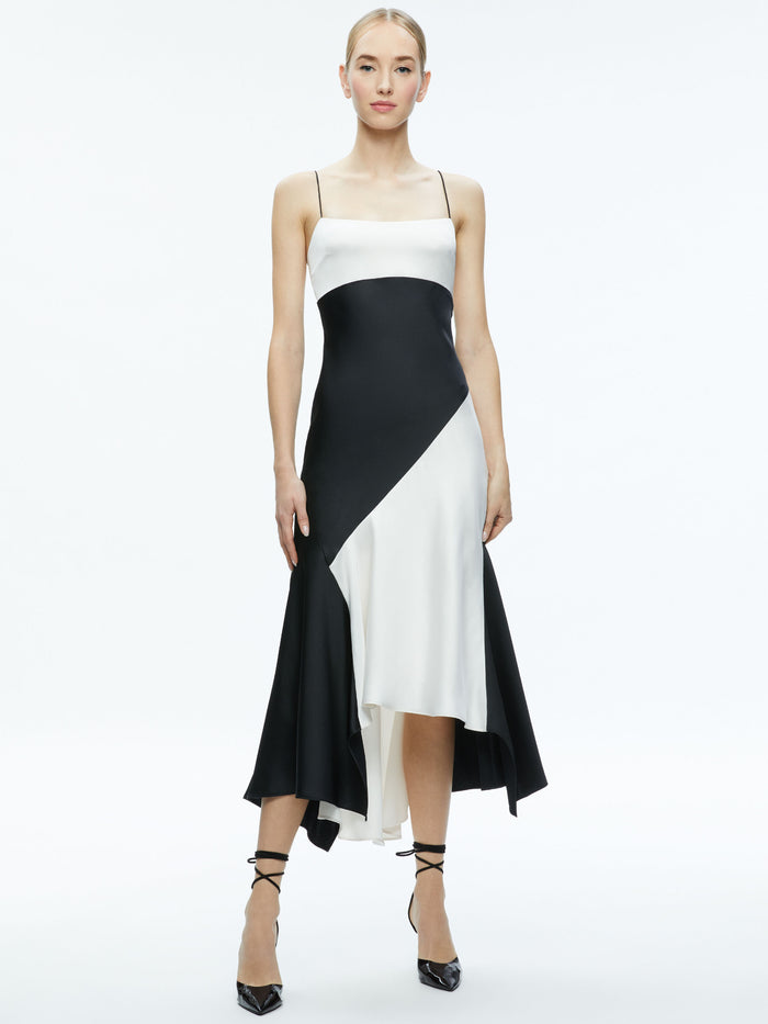 ROSA ASYMMETRICAL SLIP DRESS - OFF WHITE/BLACK