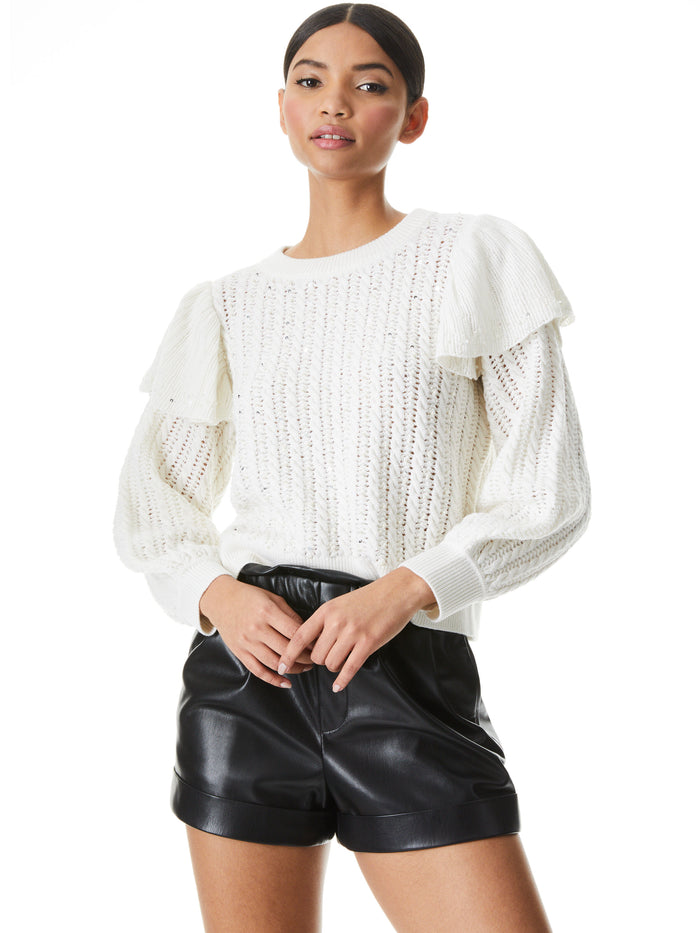 ROSI RUFFLE SLEEVE SWEATER - SOFT WHITE COMBO