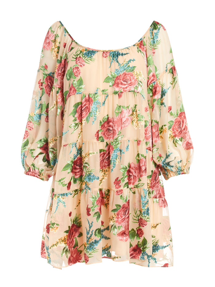 ROWEN TIERED MINI DRESS - FLORAL EXPRESS SM SEPIA