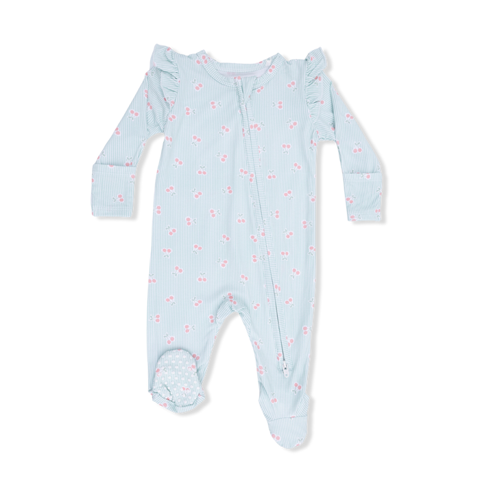 Ruffle Sleeve Zippered Footie- Tiny Cherry Stripe