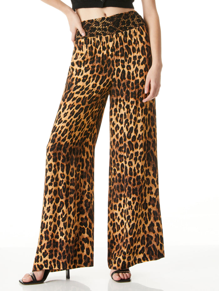 RUSSELL HIGH WAISTED SMOCKED WAISTBAND PANT - SPOTTED LEOPARD DARK TAN