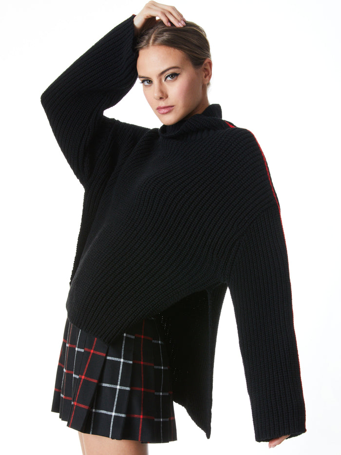 RUTHANNE SIDE SLIT TURTLENECK PULLOVER - BLACK/PERFECT RUBY