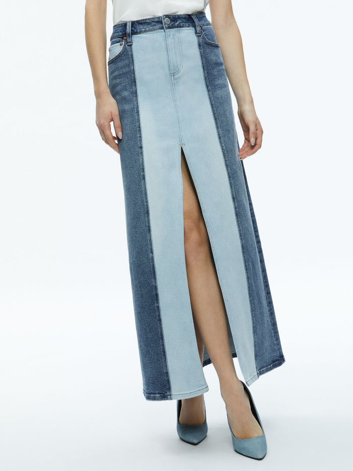RYE DENIM TWO TONE MAXI SKIRT - BROOKLYN BLUE/GEORGIA VNT BLU