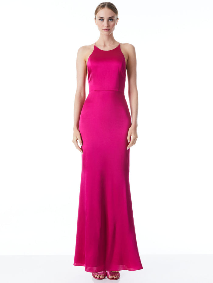 SAMIA HALTER NECK FISHTAIL GOWN - RASPBERRY