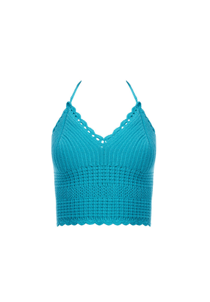 SARAN CROPPED HALTER TANK - MARINE BLUE