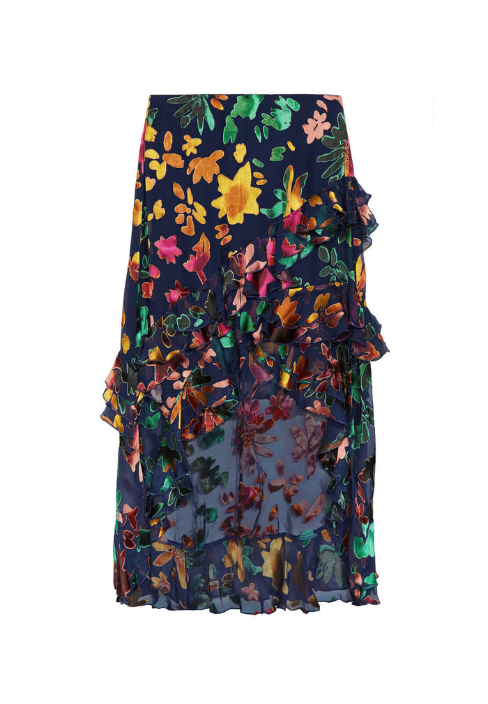 SASHA ASYMM TIERED RUFFLE SKRT - PRISMA FLORAL SAPPHIRE