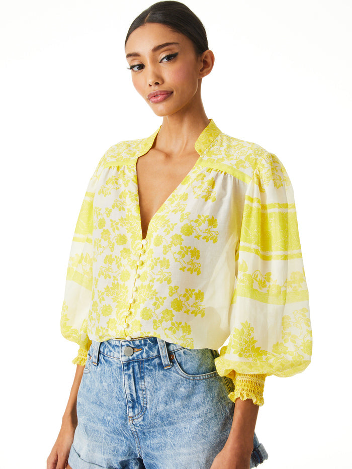 SERENA MANDARIN COLLAR BLOUSE - BLOCK ART SUNFLOWER