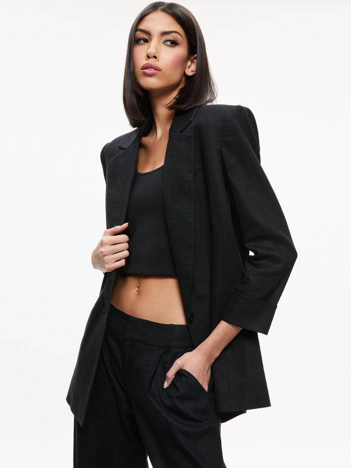 SHAN LINEN ROLLED CUFF BLAZER - BLACK