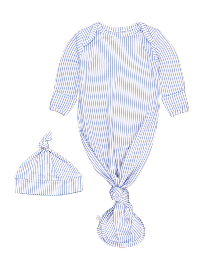 SoftSnooze™ Baby Boys Bamboo Viscose Periwinkle & White Micro Stripe Knotted Sleep Gown & Hat Set