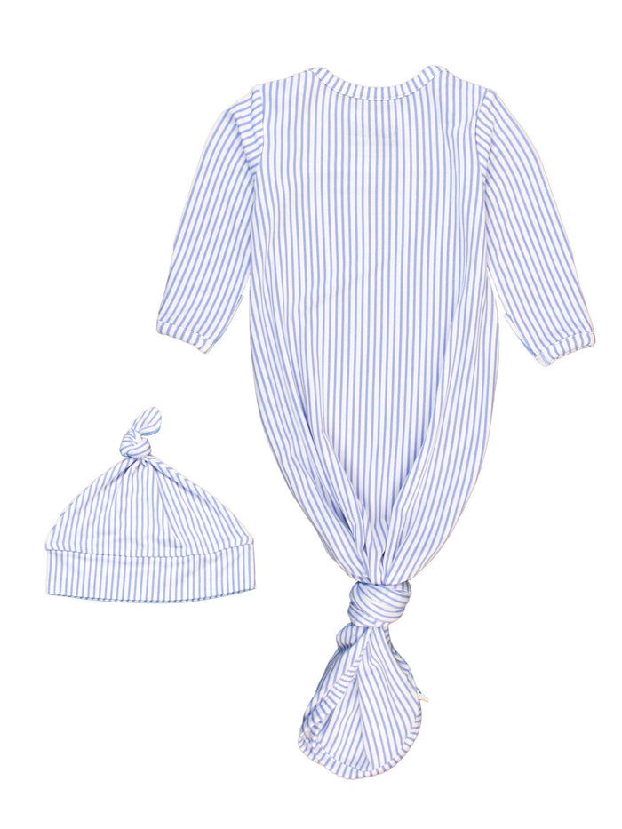 SoftSnooze™ Baby Boys Bamboo Viscose Periwinkle & White Micro Stripe Knotted Sleep Gown & Hat Set
