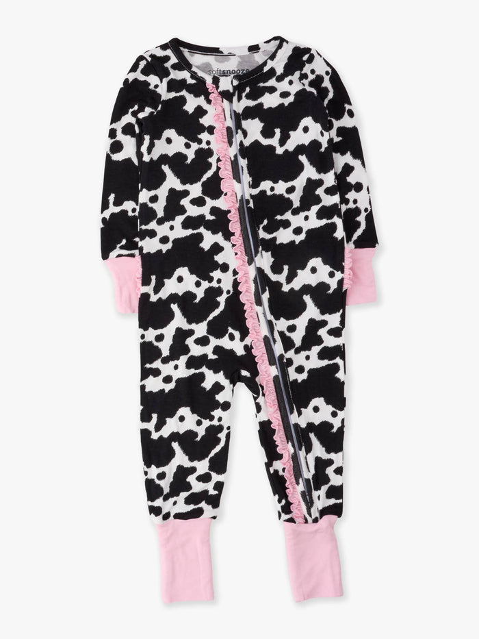 SoftSnooze™ Baby Girls Bamboo Viscose Moo Crew Convertible Ruffle One Piece Footie Pajama