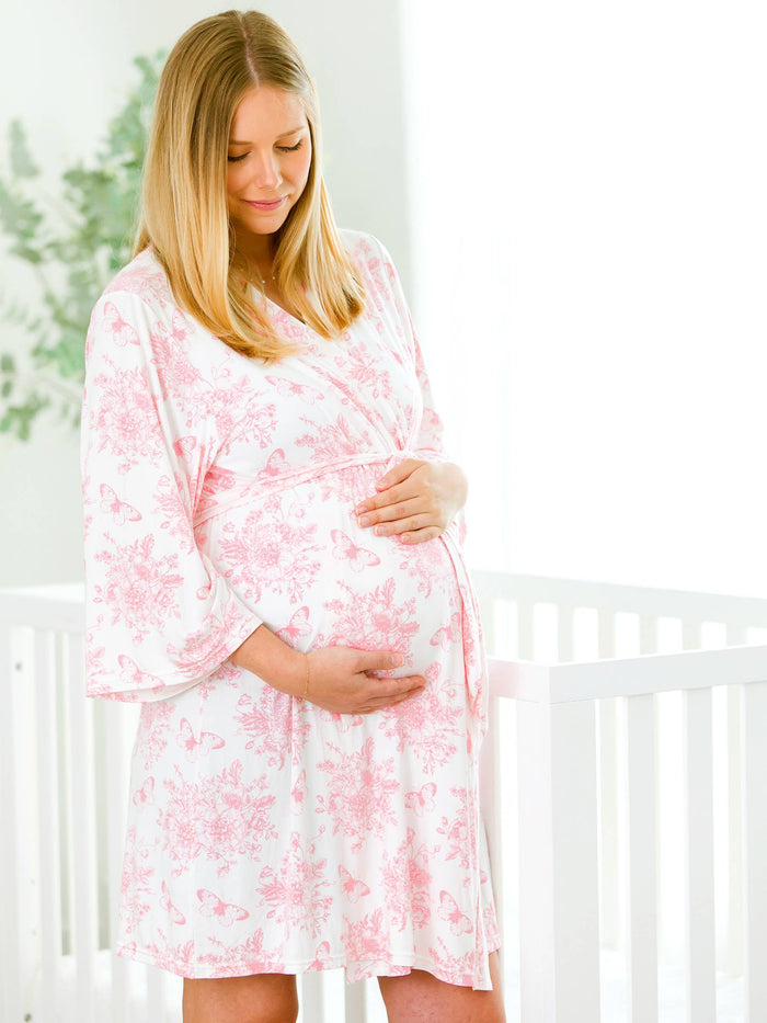 SoftSnooze™ Women's Bamboo Viscose Pink Butterfly Garden Toile Mommy & Me Maternity Robe