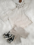 Spring 2 PC Set - Tan Acid Wash Shirt Rib Biker Shorts
