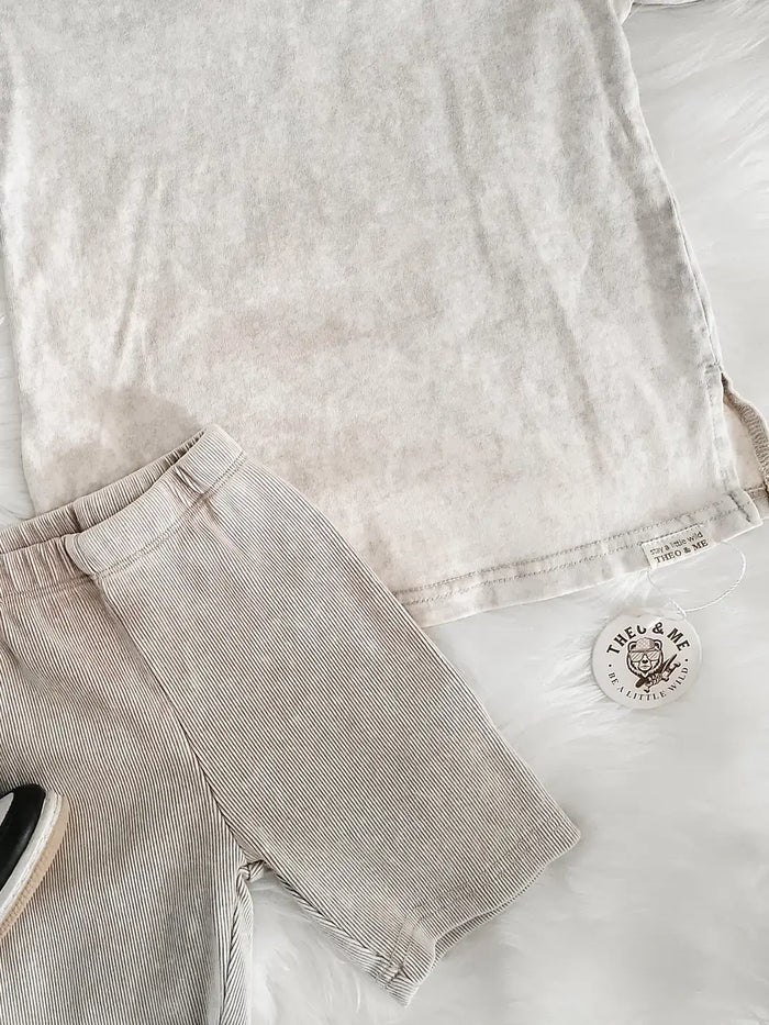 Spring 2 PC Set - Tan Acid Wash Shirt Rib Biker Shorts