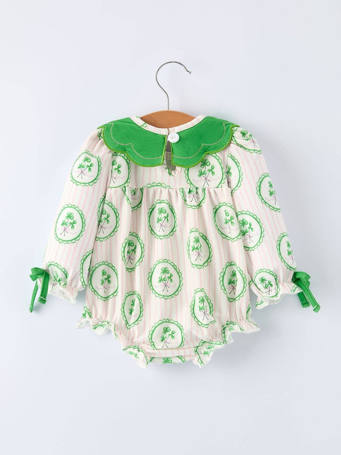 St. Patrick's Day Shamrock Striped Long Sleeve Baby Girl Romper