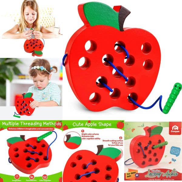 STEM Learning - Wooden Toy - The Lacing Apple - Fine Motor