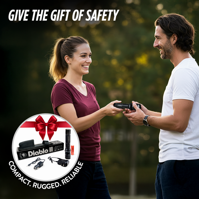 women holding a black tactical flashlight stun gun passing it to a man
