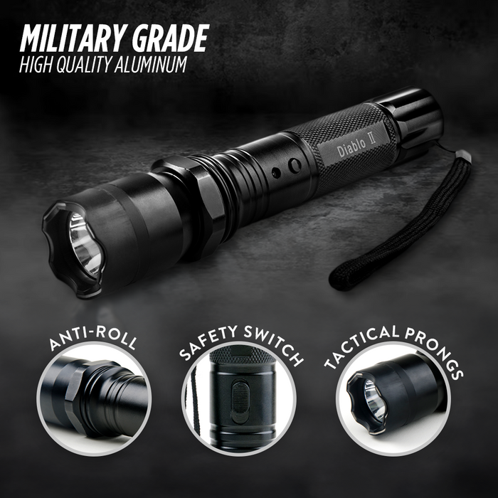black tactical flashlight stun gun features