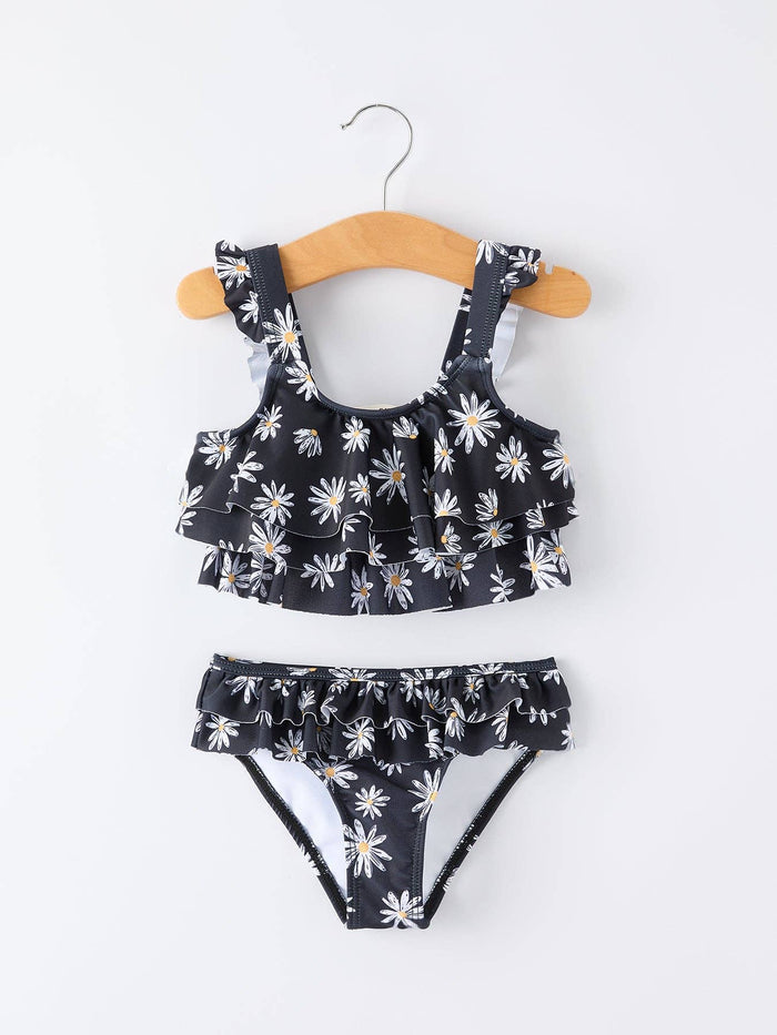Summer Black Floral Girl Two Piece Swimsuit