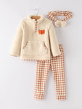 Thanksgiving Girls Fall Winter Furry Top Plaid Pants with Matching Headband