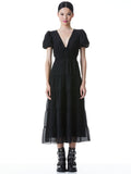 TIA PUFF SLEEVE MIDI DRESS - BLACK